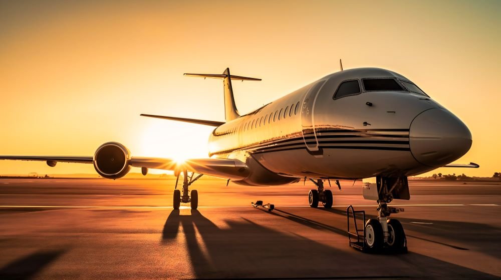 Aeronave moderna em pista ao pôr do sol simboliza a liderança de São José dos Campos na engenharia aeroespacial brasileira e sua conexão com projetos como Gripen F, Saab e Embraer.
