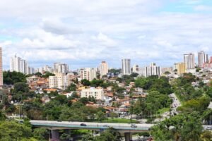 Vista panorâmica de uma área urbana com edifícios, bairros residenciais, áreas verdes e viaduto, representando o investimento imobiliário no Brasil em uma cidade com infraestrutura moderna, crescimento econômico e elevado potencial de valorização.