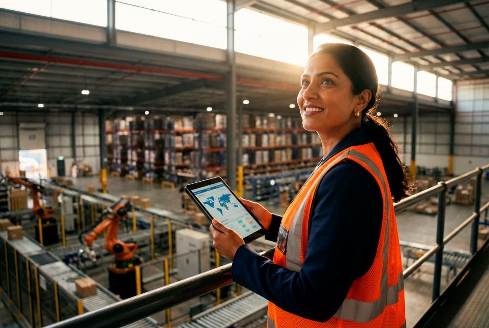 Mulher com tablet acompanha operação automatizada em galpão industrial com robôs, representando a Indústria 4.0 no Brasil.